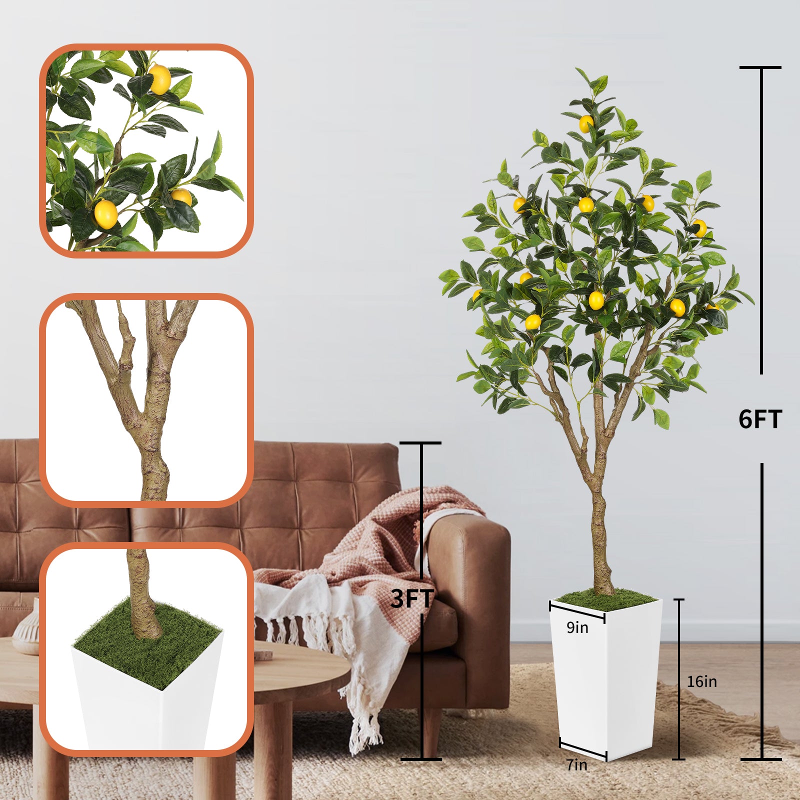 6ft Lemon Tree with White Pot - 72"Tall